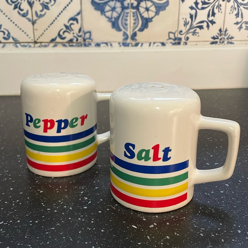 Vintage 80s‎ Retro Rainbow Ceramic Salt and Pepper Shakers. Good used condition.